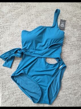 One-Shoulder Cutout Teal Swimsuit with Waist Tie